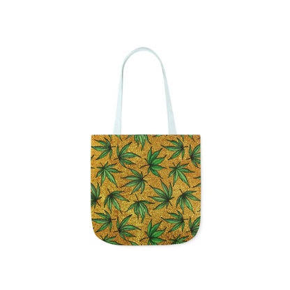 Gold And Green Marijuana Pot Weed Leaf With Gold Background 420 Polyester Canvas Tote Bag (AOP)