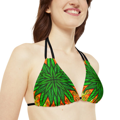 Beautifully Designed Orange, Yellow And Green Marijuana Leaf Strappy Bikini Set (AOP)