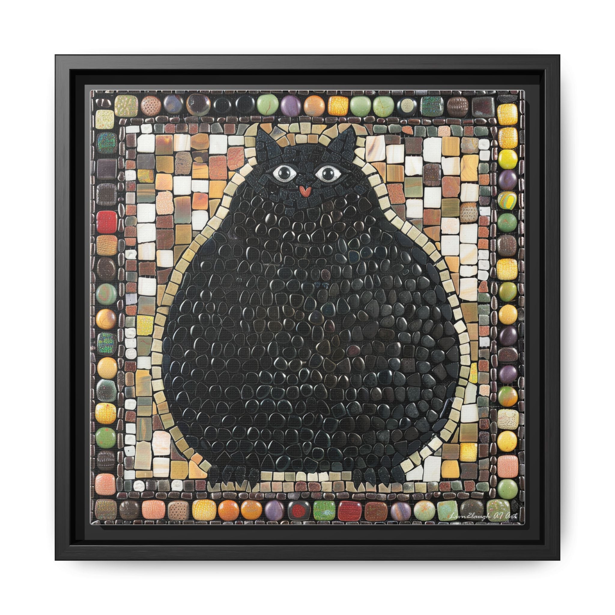 "Playful Black Cat Mosaic", Framed Mosaic Cat Art Print — Colorful Modern Wall Canvas