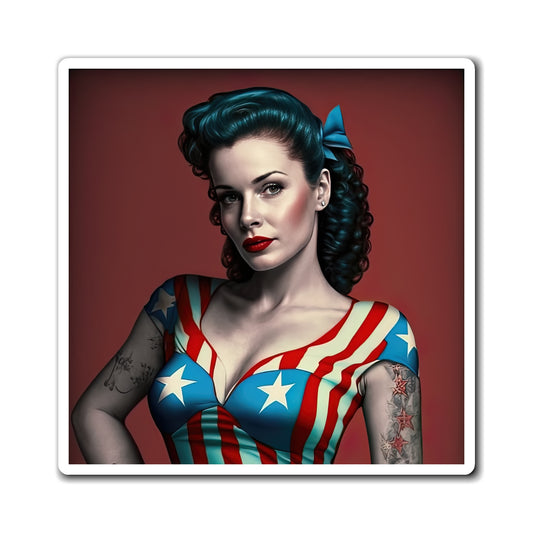 Retro Tattooed Pinup Blue, Red And White Star Magnet Style Seven