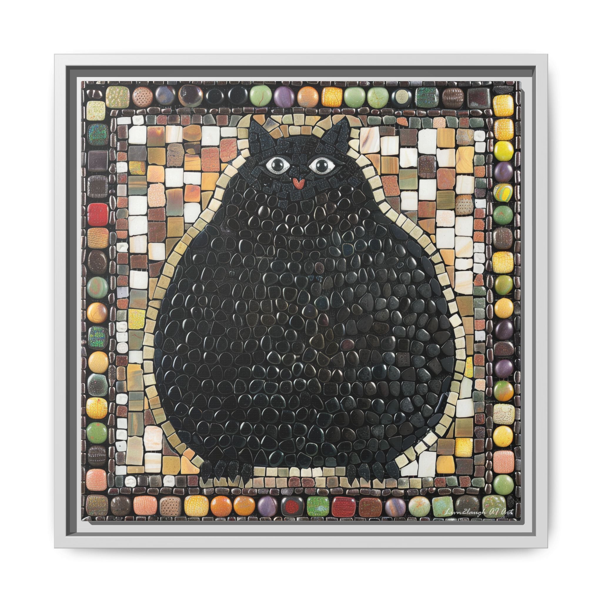 "Playful Black Cat Mosaic", Framed Mosaic Cat Art Print — Colorful Modern Wall Canvas