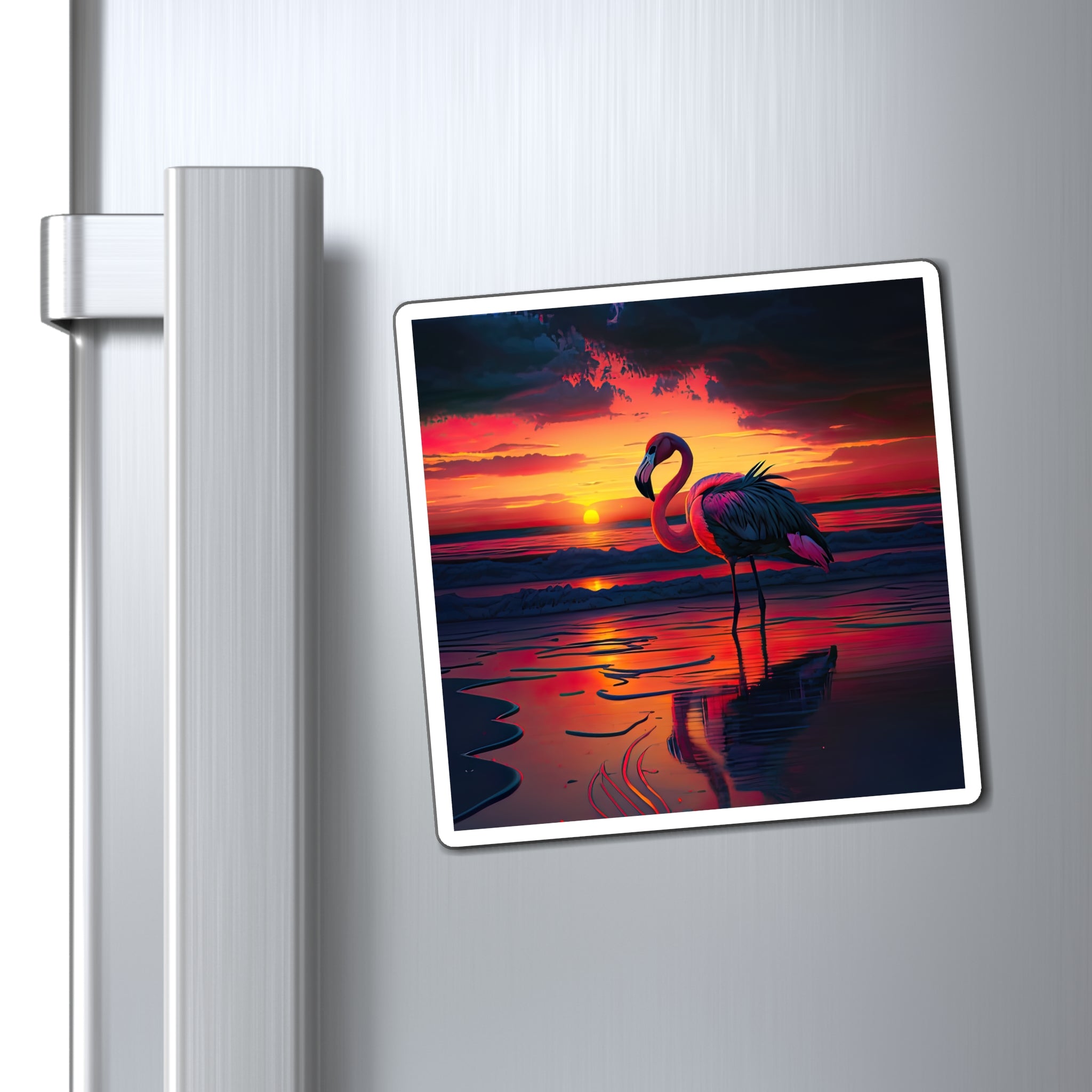 Gorgeous Flamingo With Beautiful Sunset On The Water Magnets