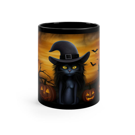 Gothic Witch Hat Cat With Halloween Glowing Orange Sky And Pumpkins 11oz Black Mug
