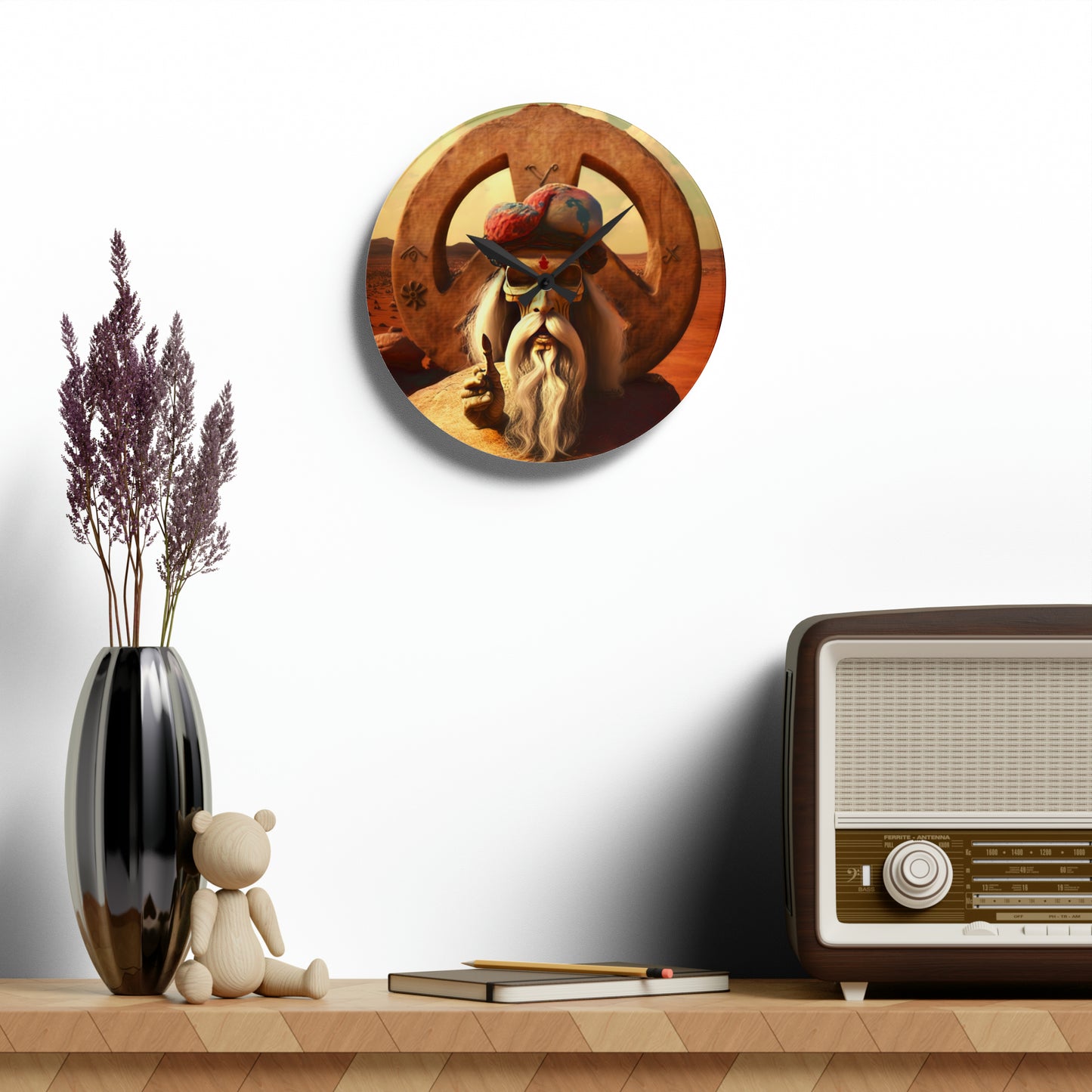 Wise Man In Dessert With Beard And Peace Sign Acrylic Wall Clock