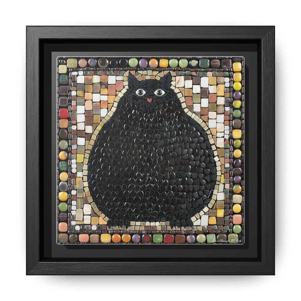 "Playful Black Cat Mosaic", Framed Mosaic Cat Art Print — Colorful Modern Wall Canvas