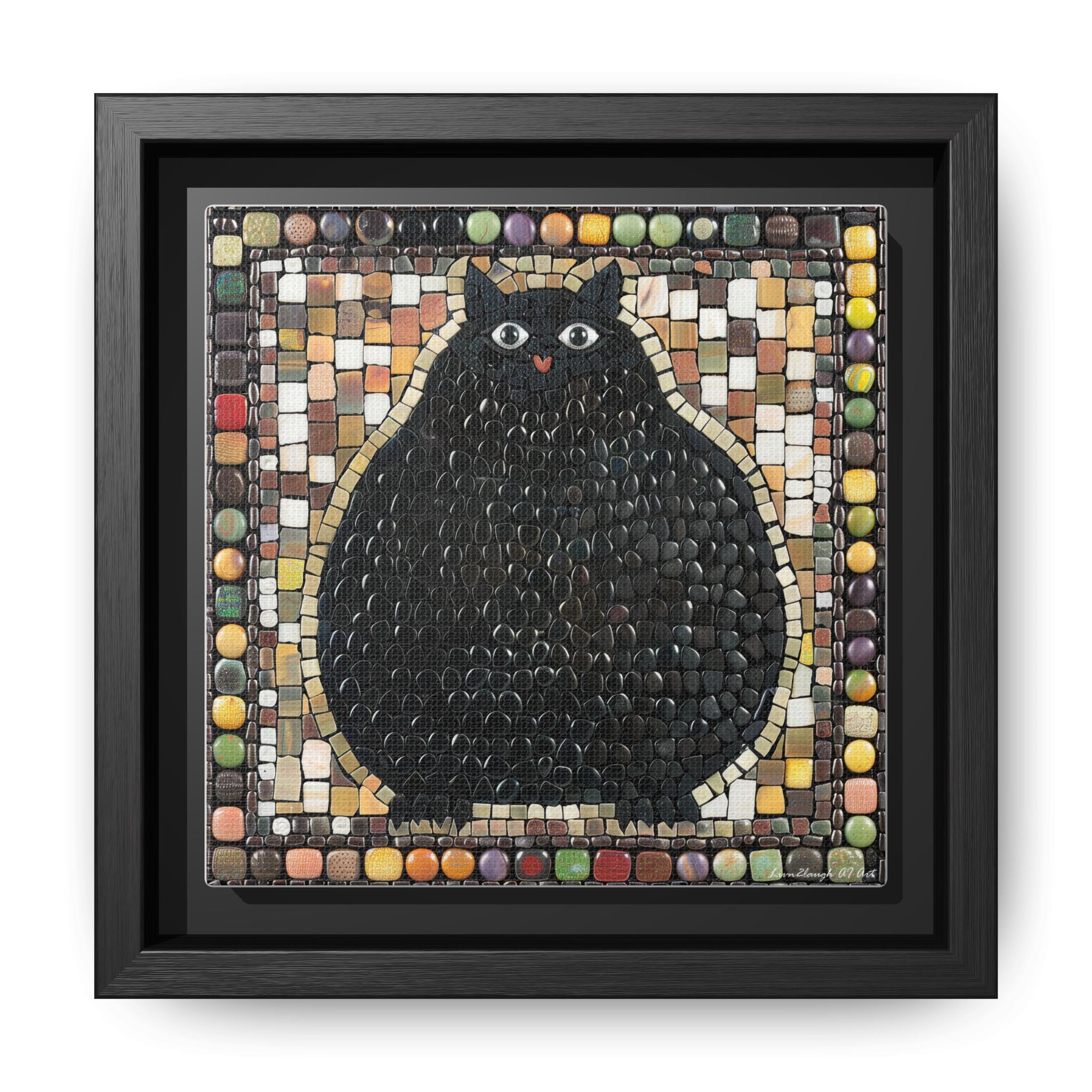 "Playful Black Cat Mosaic", Framed Mosaic Cat Art Print — Colorful Modern Wall Canvas