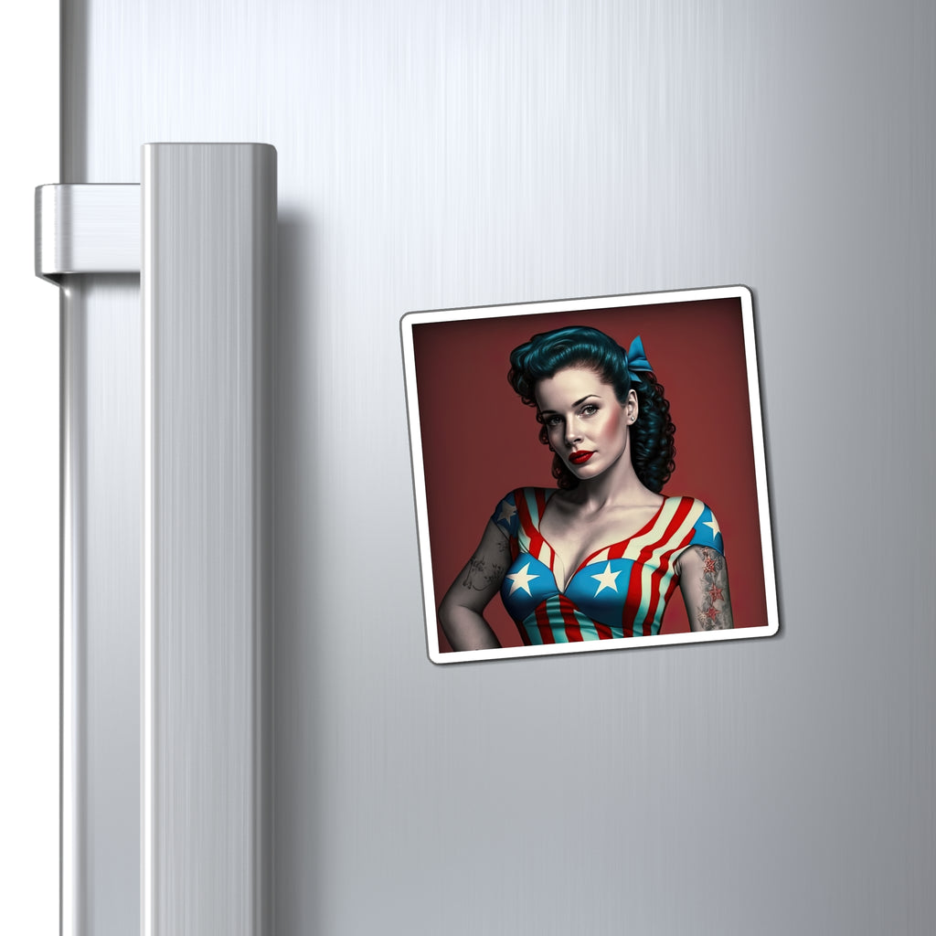 Retro Tattooed Pinup Blue, Red And White Star Magnet Style Seven