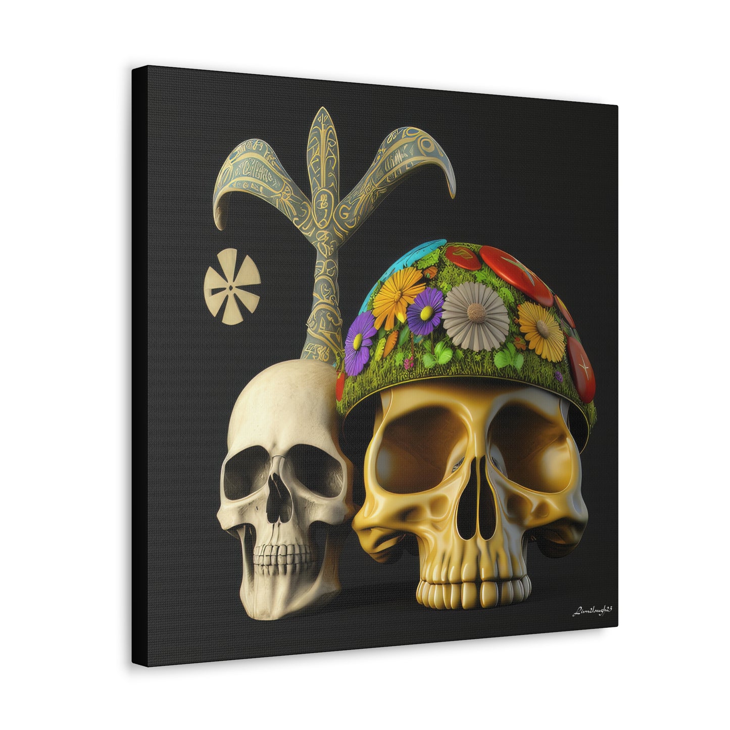 Double Skull With Yellow White Purple Flowers Canvas Gallery Wraps