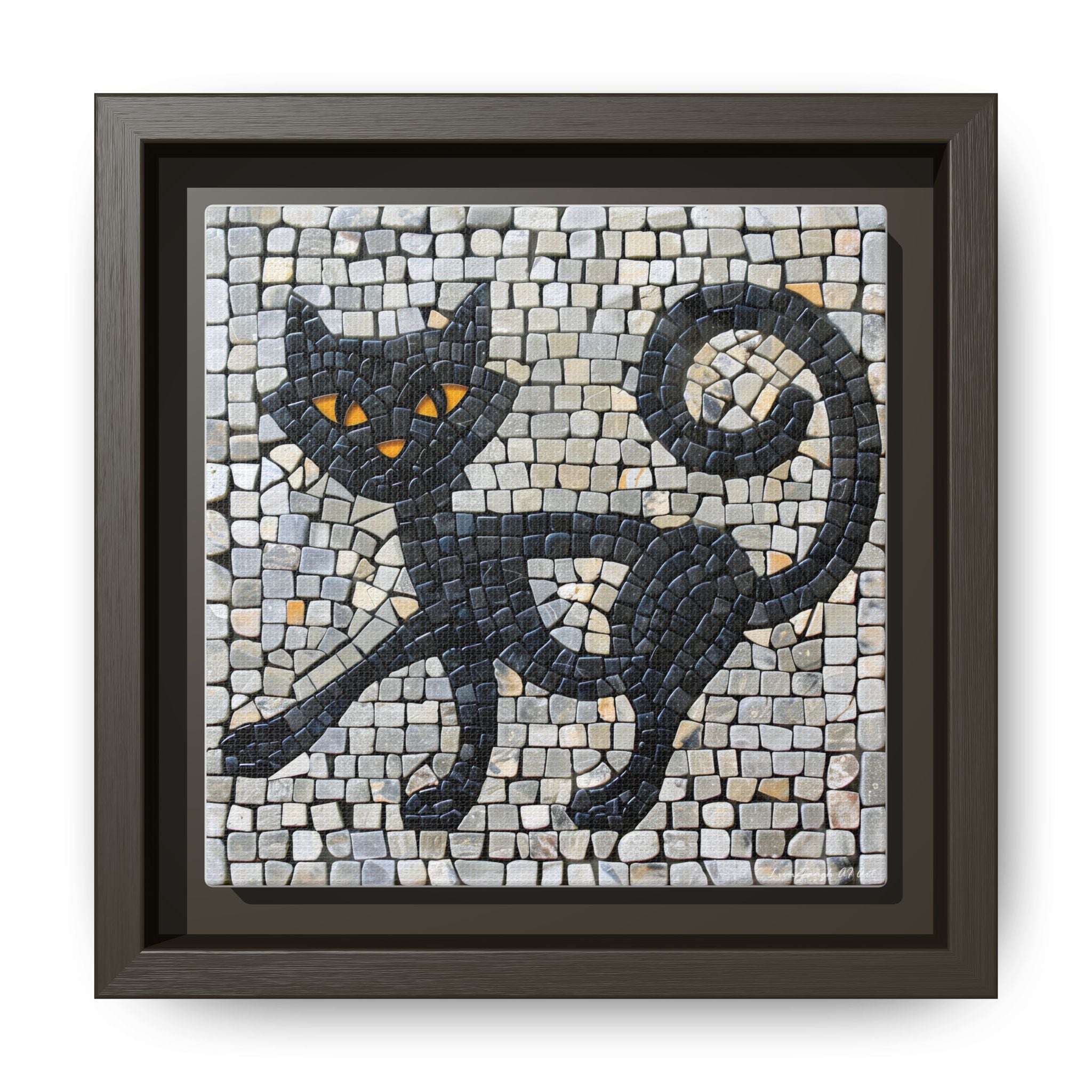 "Curious Black Cat Mosaic", Framed Mosaic Cat Art Print — Colorful Modern Wall Canvas