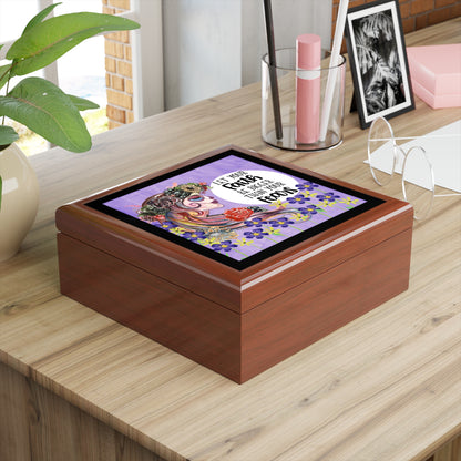 Let faith be Bigger Then Your fears, Beautiful Skull With collage of Flowers Purple Background Jewelry Box