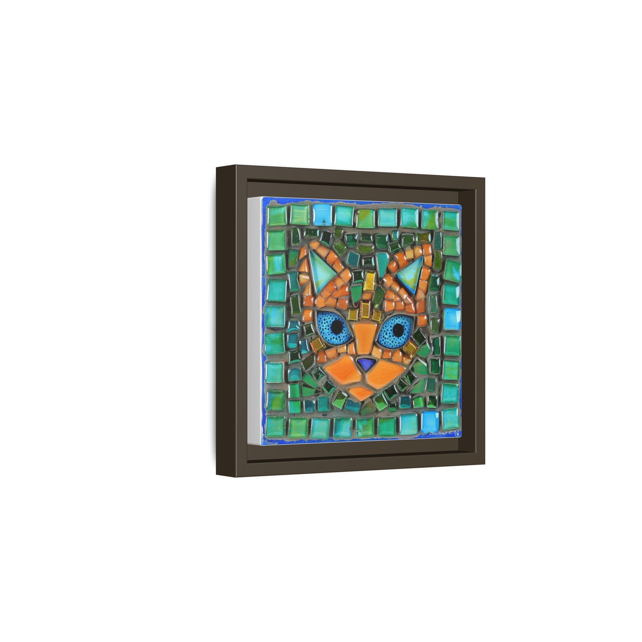 "Emerald Eyes Mosaic Cat", Framed Mosaic Cat Art Print — Colorful Modern Wall Canvas