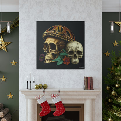 Double Skull With One Colorful Beautifully Detailed Helmet Purple Orange Flowers Canvas Gallery Wraps