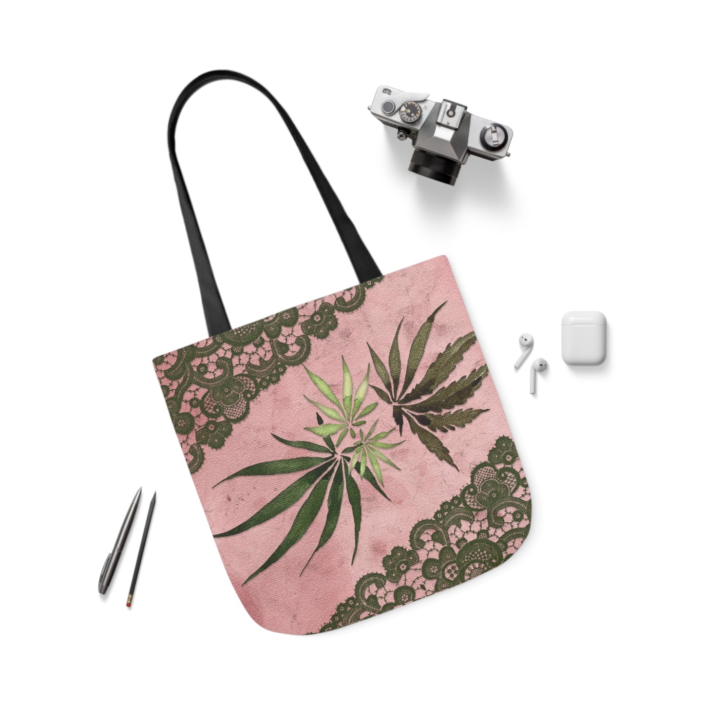 Grey Lace Gorgeous Pink Designed Marijuana 420 Weed Polyester Canvas Tote Bag (AOP)