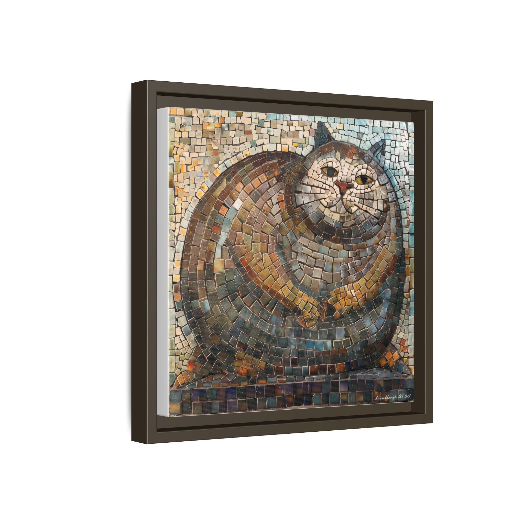 "Serene Mosaic Cat", Framed Mosaic Cat Art Print — Colorful Modern Wall Canvas