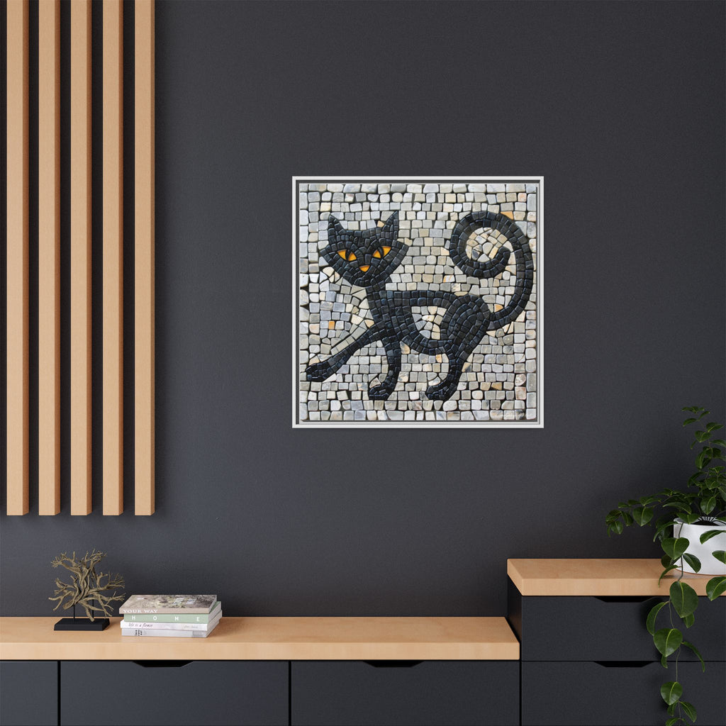 "Curious Black Cat Mosaic", Framed Mosaic Cat Art Print — Colorful Modern Wall Canvas