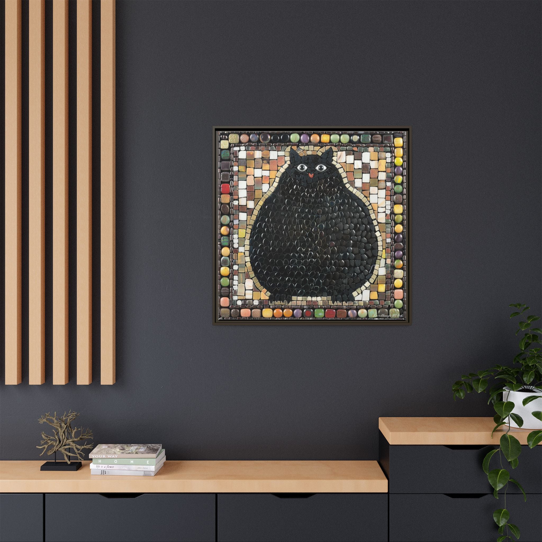 "Playful Black Cat Mosaic", Framed Mosaic Cat Art Print — Colorful Modern Wall Canvas
