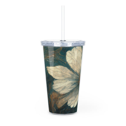 Bold And Beautiful White, Grey And Blue Floral Style 1 Plastic Tumbler with Straw