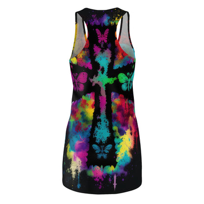 Bold And Beautiful Tie Dye Cross And Butterflies Style Two Women's Cut & Sew Racerback Dress (AOP)