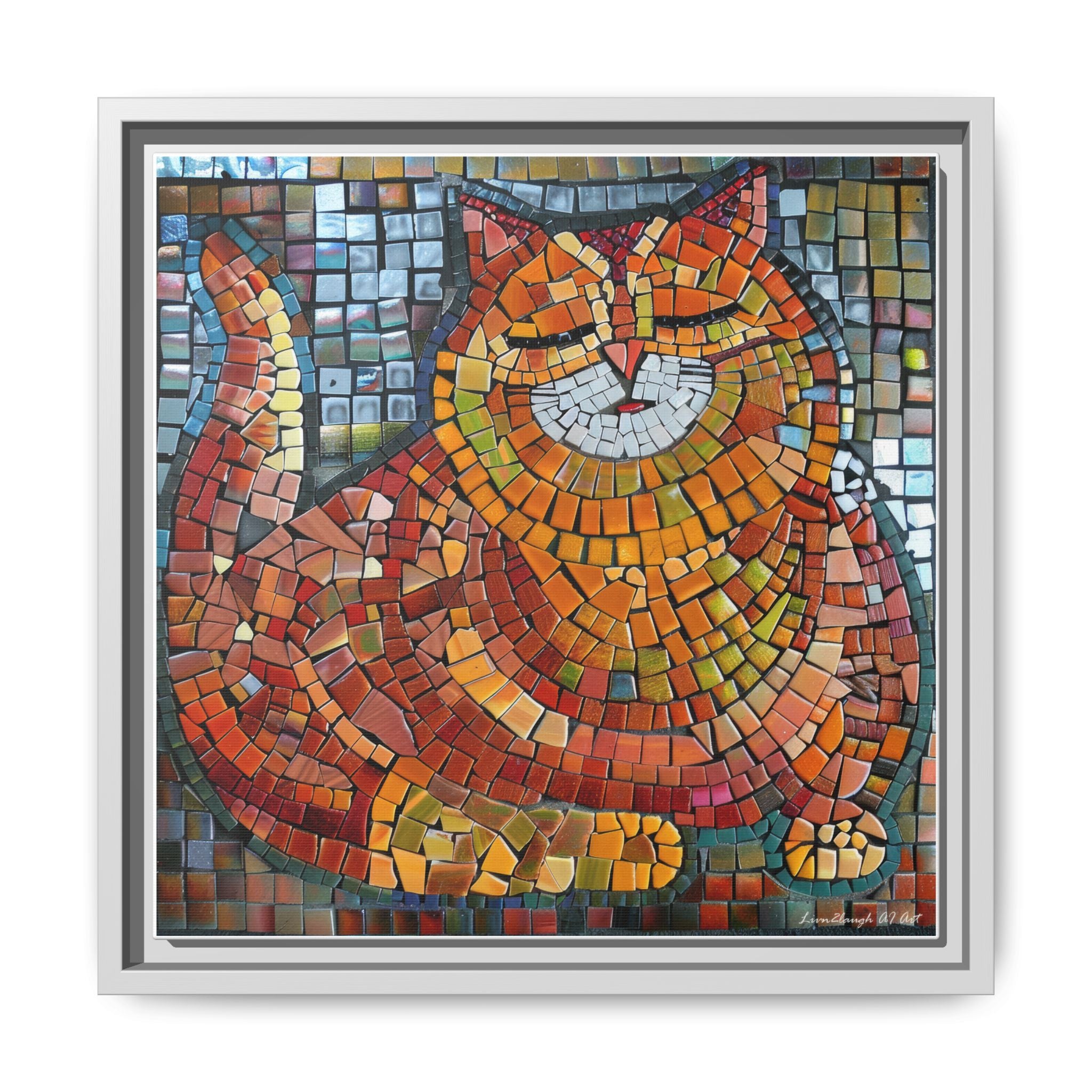 Radiant Whiskers: The Joyful Cat, Framed Mosaic Cat Art Print — Colorful Modern Wall Canvas