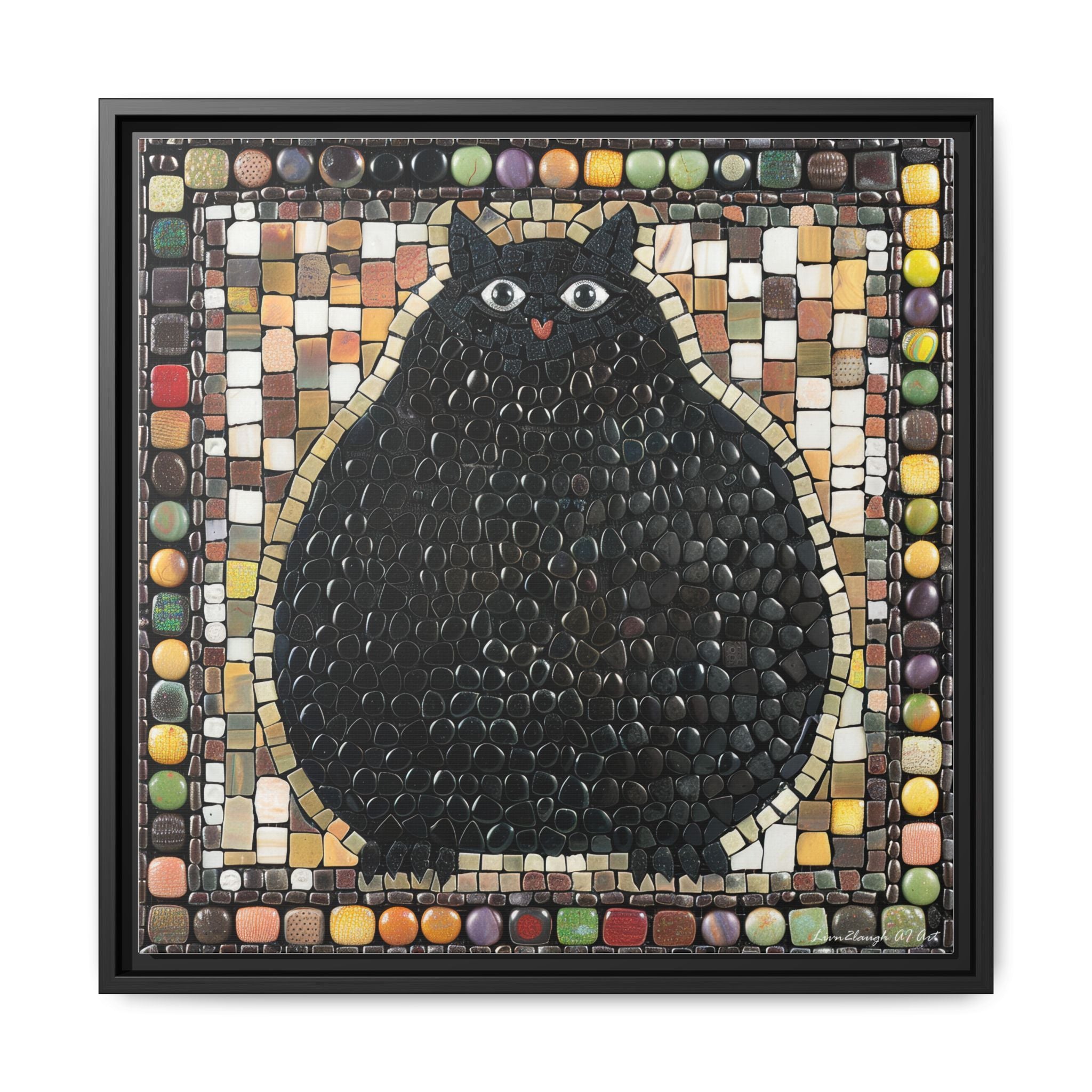 "Playful Black Cat Mosaic", Framed Mosaic Cat Art Print — Colorful Modern Wall Canvas
