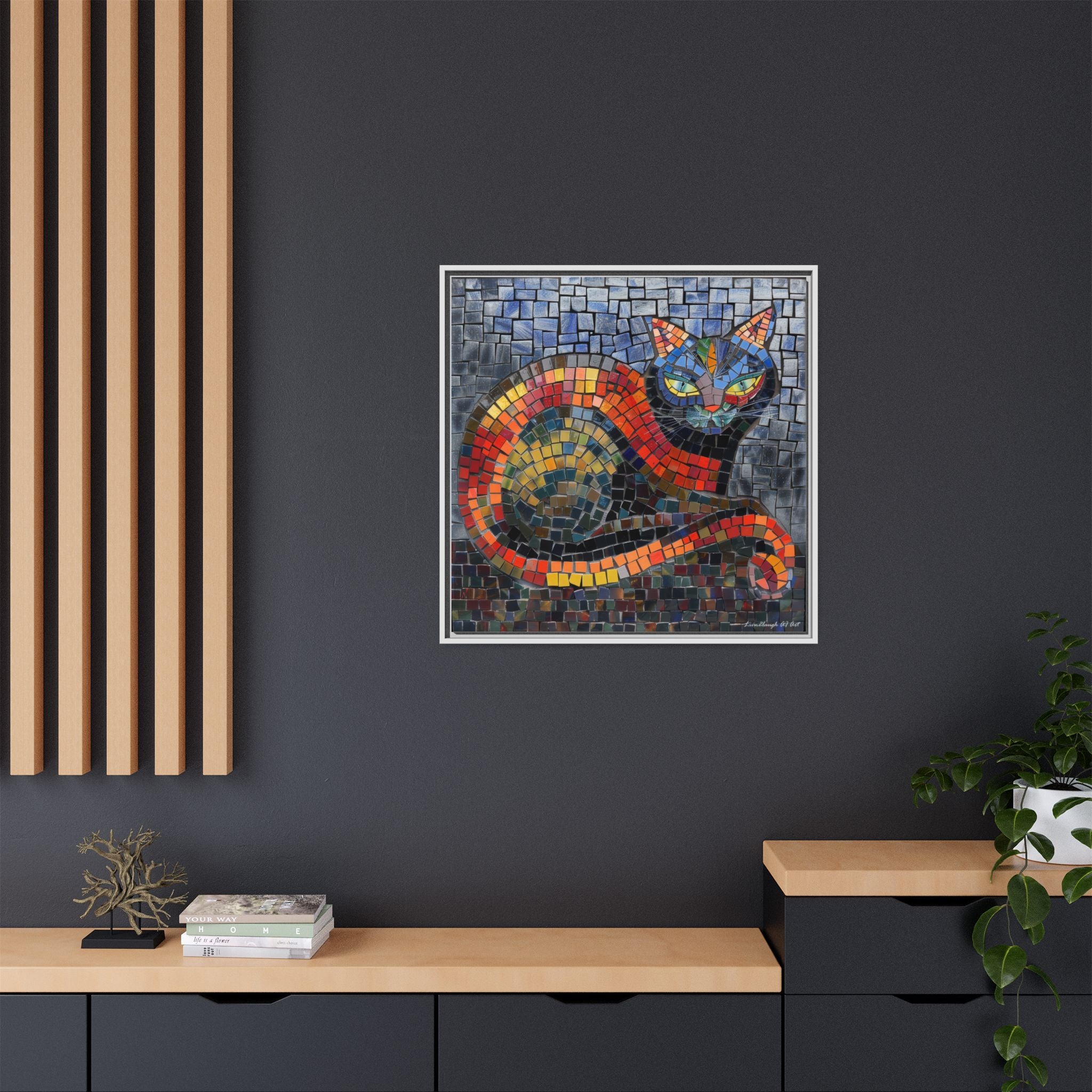 Mystic Shadows: The Enigmatic Cat, Framed Mosaic Cat Art Print — Colorful Modern Wall Canvas