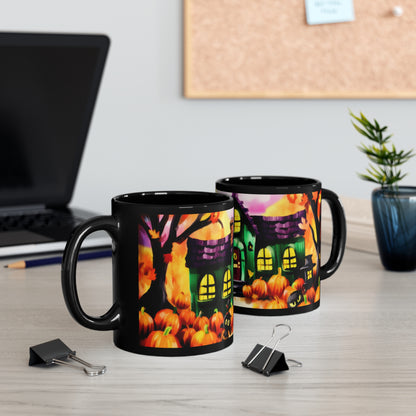 Fall Time School House With Lights On, Halloween Theme 11oz Black Mug