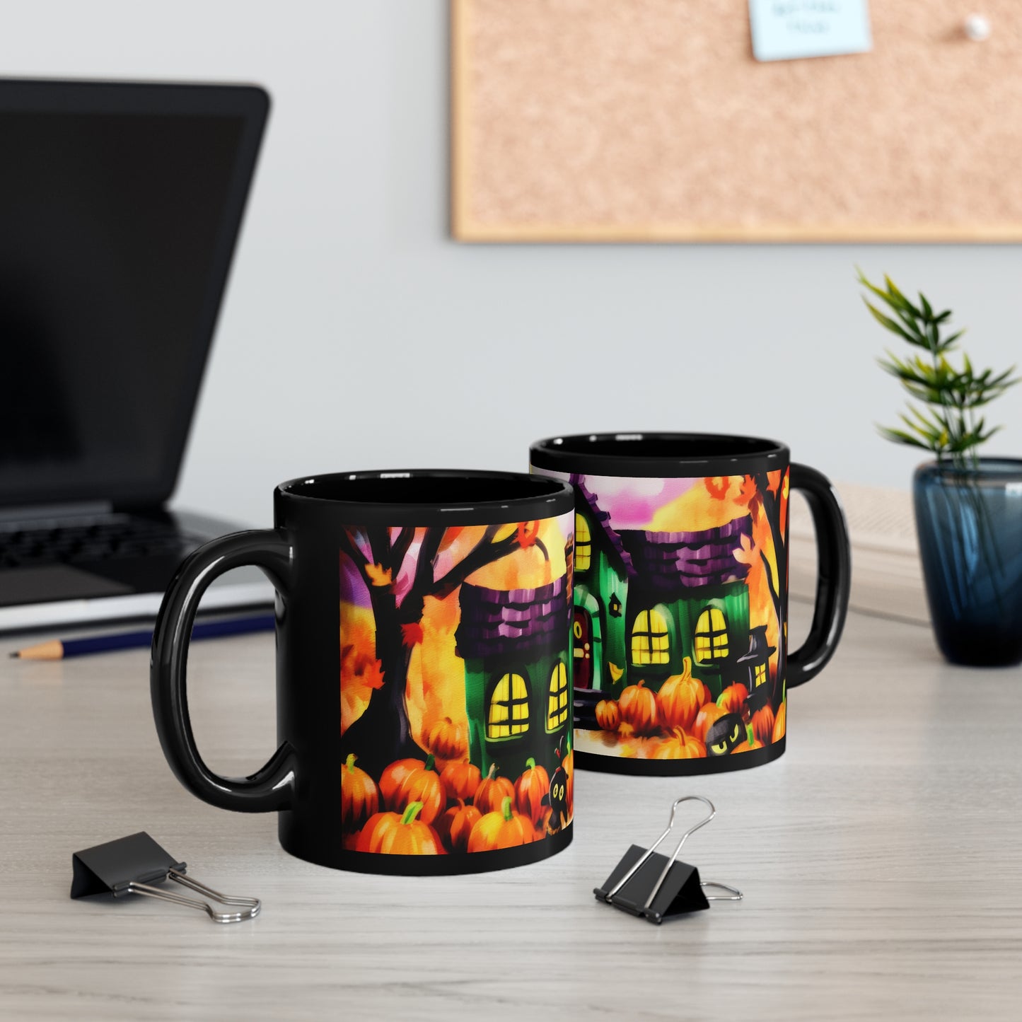 Fall Time School House With Lights On, Halloween Theme 11oz Black Mug