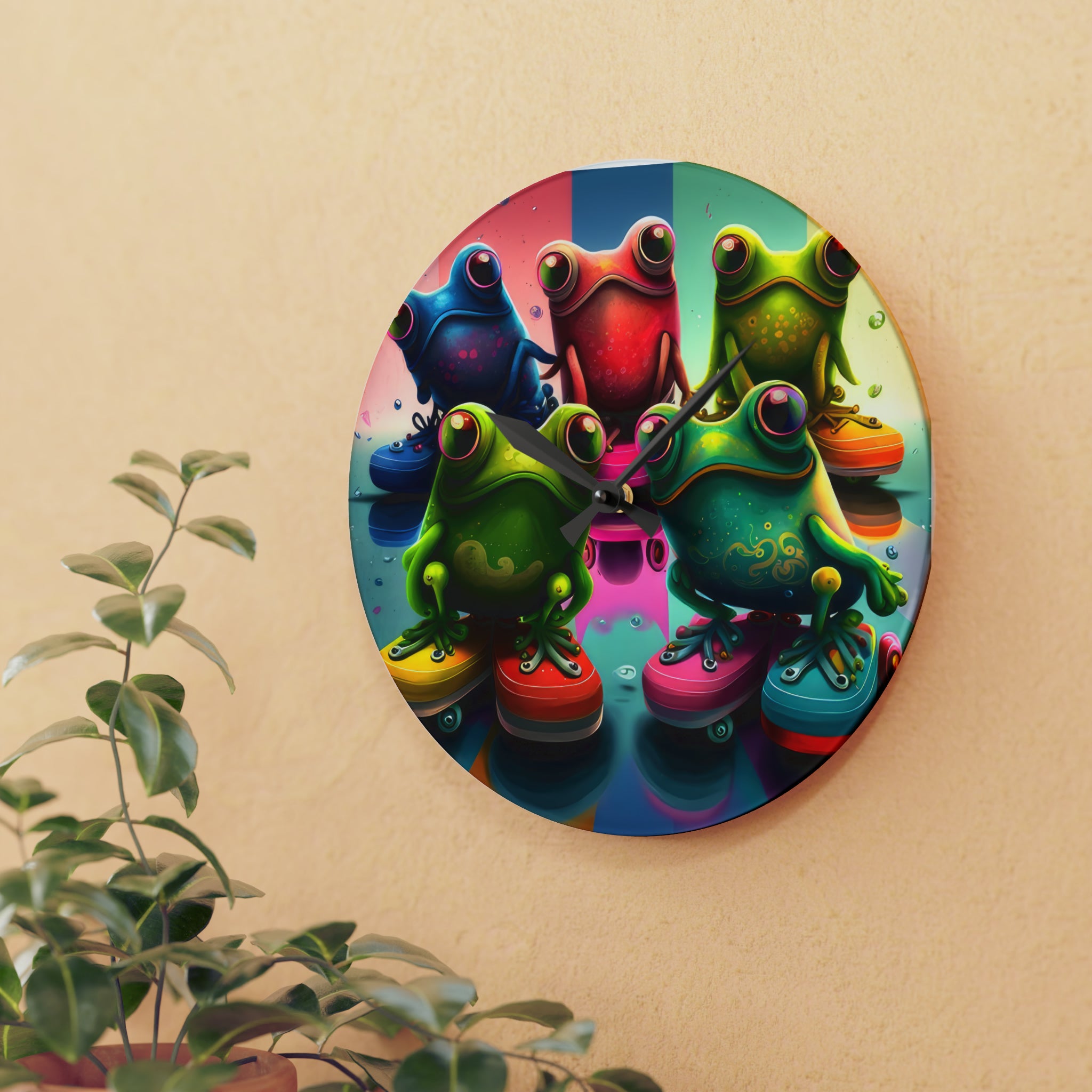Colorful Group Of Frogs On Skates Wall Clock
