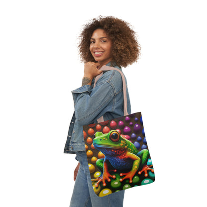 Sassy Rainbow Round Skittle Like Background With Beautiful Frog Polyester Canvas Tote Bag (AOP)