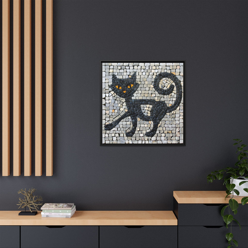 "Curious Black Cat Mosaic", Framed Mosaic Cat Art Print — Colorful Modern Wall Canvas