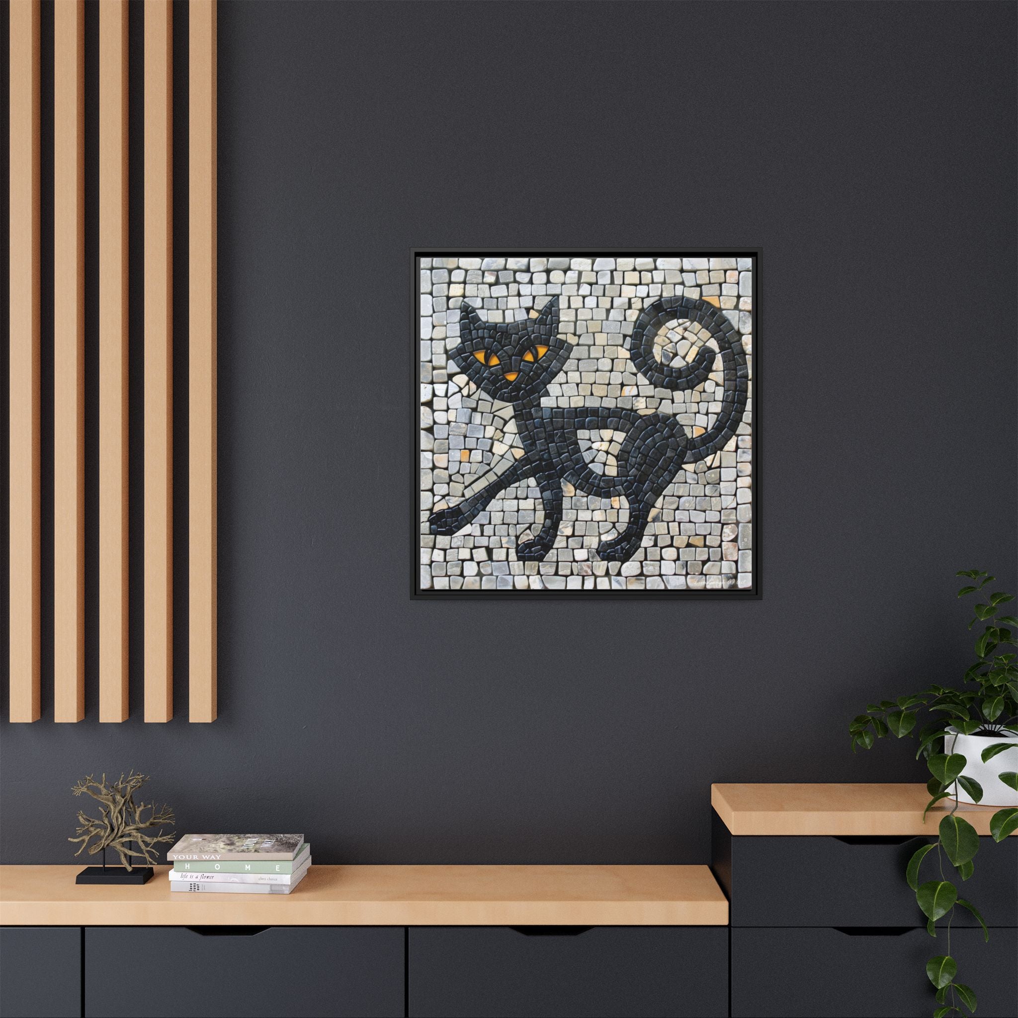 "Curious Black Cat Mosaic", Framed Mosaic Cat Art Print — Colorful Modern Wall Canvas