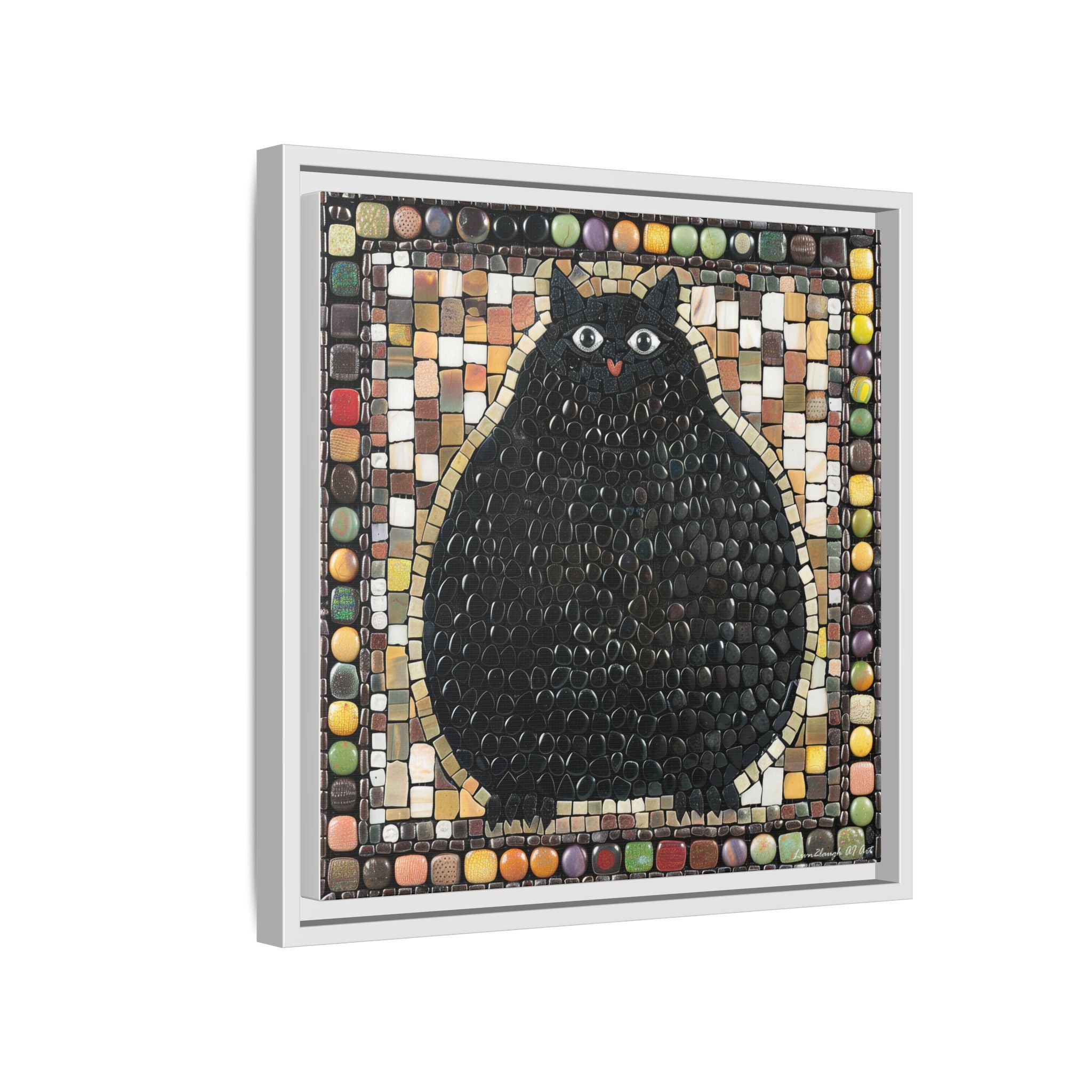 "Playful Black Cat Mosaic", Framed Mosaic Cat Art Print — Colorful Modern Wall Canvas