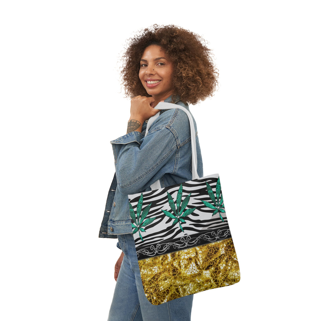 Gold And Zebra White And Black Marijuana Pot Weed Leaf 420 Weed Pot Marijuana Leaf Polyester Canvas Tote Bag (AOP)