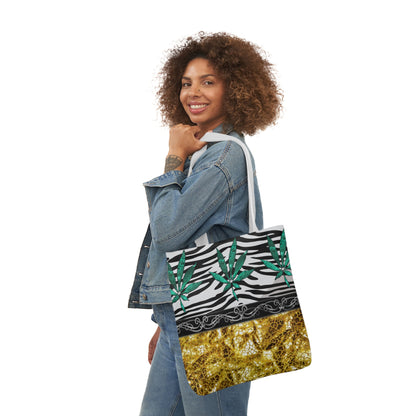 Gold And Zebra White And Black Marijuana Pot Weed Leaf 420 Weed Pot Marijuana Leaf Polyester Canvas Tote Bag (AOP)