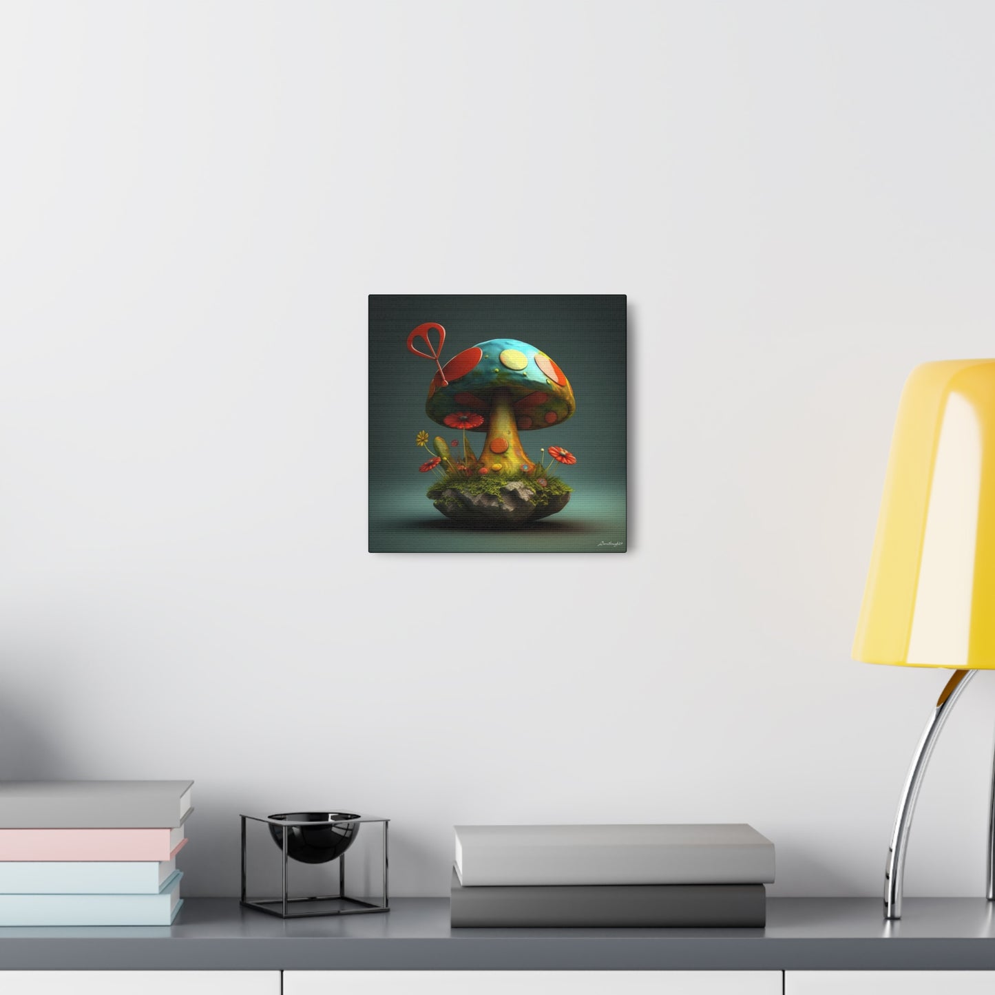 Sassy Colorful Blue Mushroom With Flowers Canvas Gallery Wraps