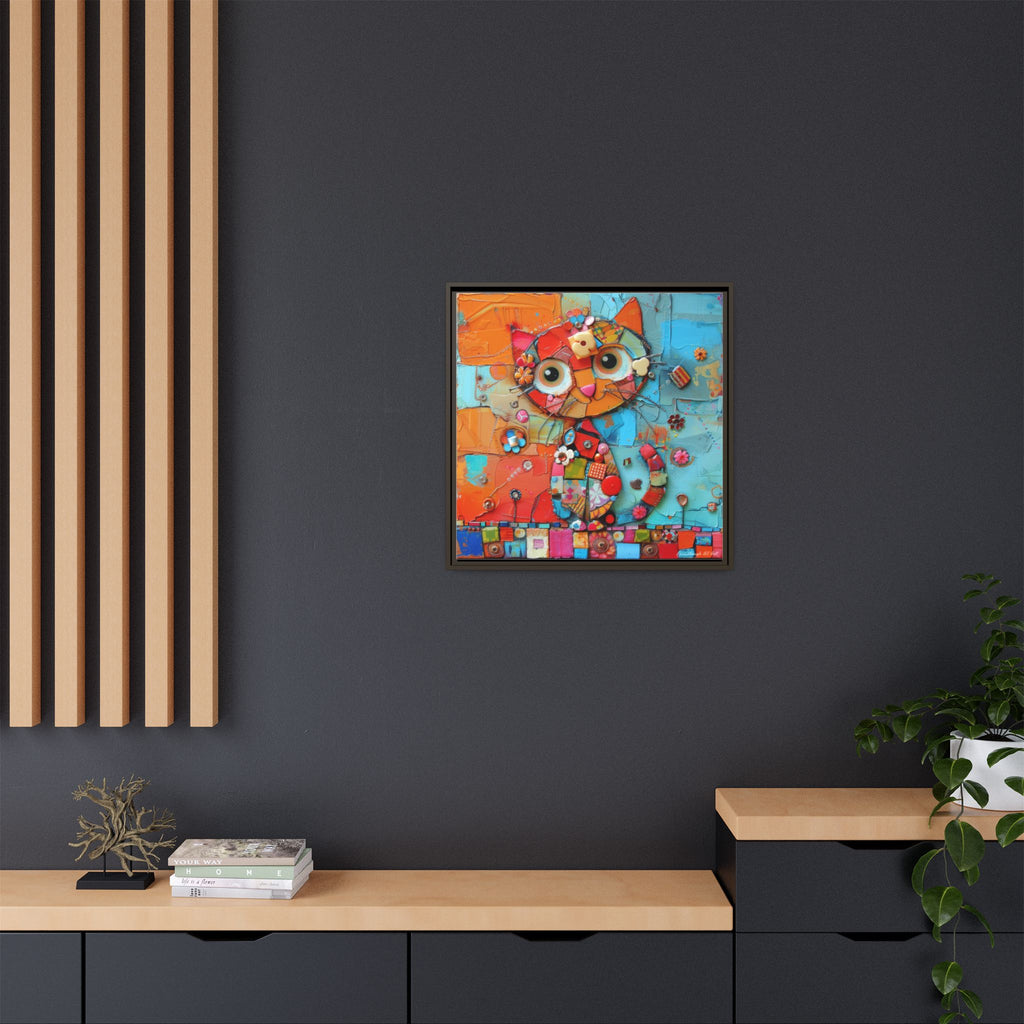 "Whimsical Mosaic Cat", Framed Mosaic Cat Art Print — Colorful Modern Wall Canvas