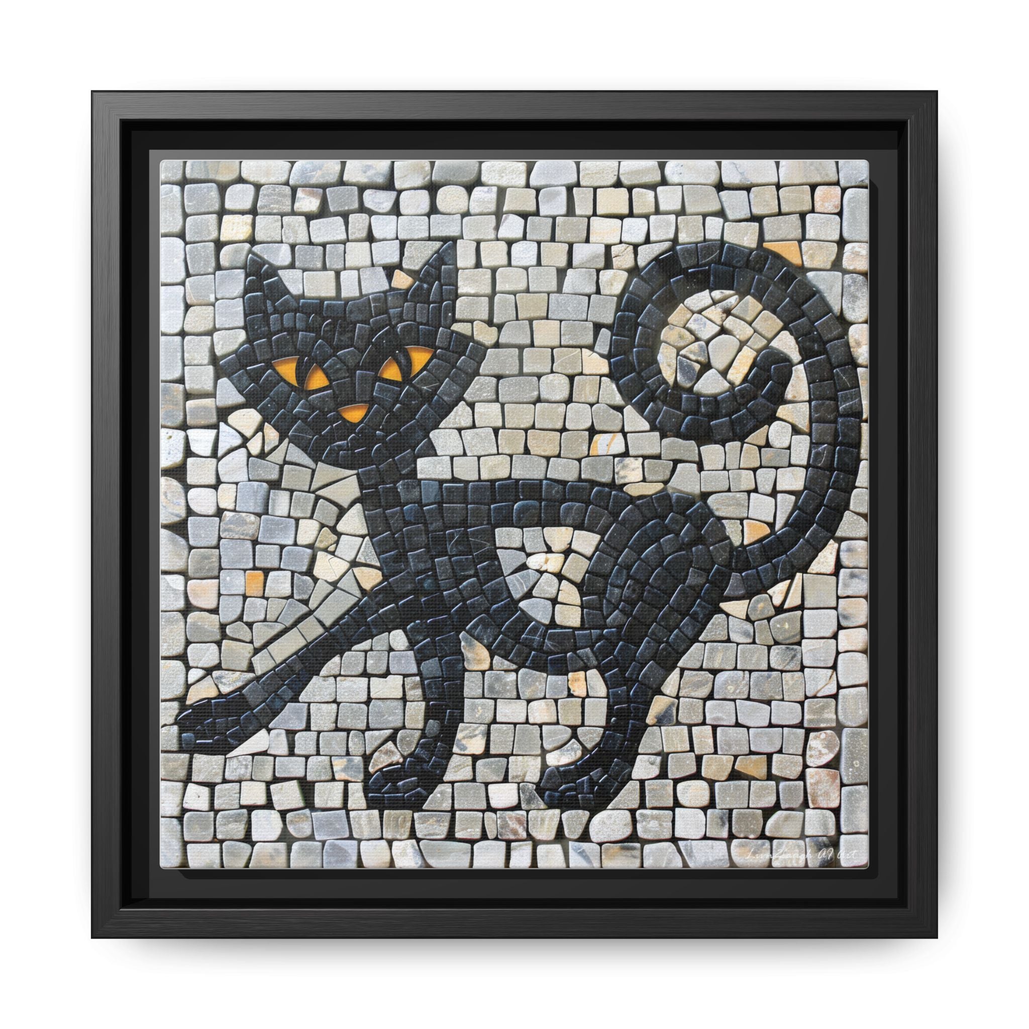 "Curious Black Cat Mosaic", Framed Mosaic Cat Art Print — Colorful Modern Wall Canvas