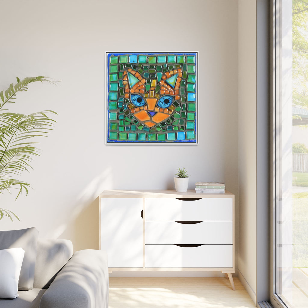 "Emerald Eyes Mosaic Cat", Framed Mosaic Cat Art Print — Colorful Modern Wall Canvas