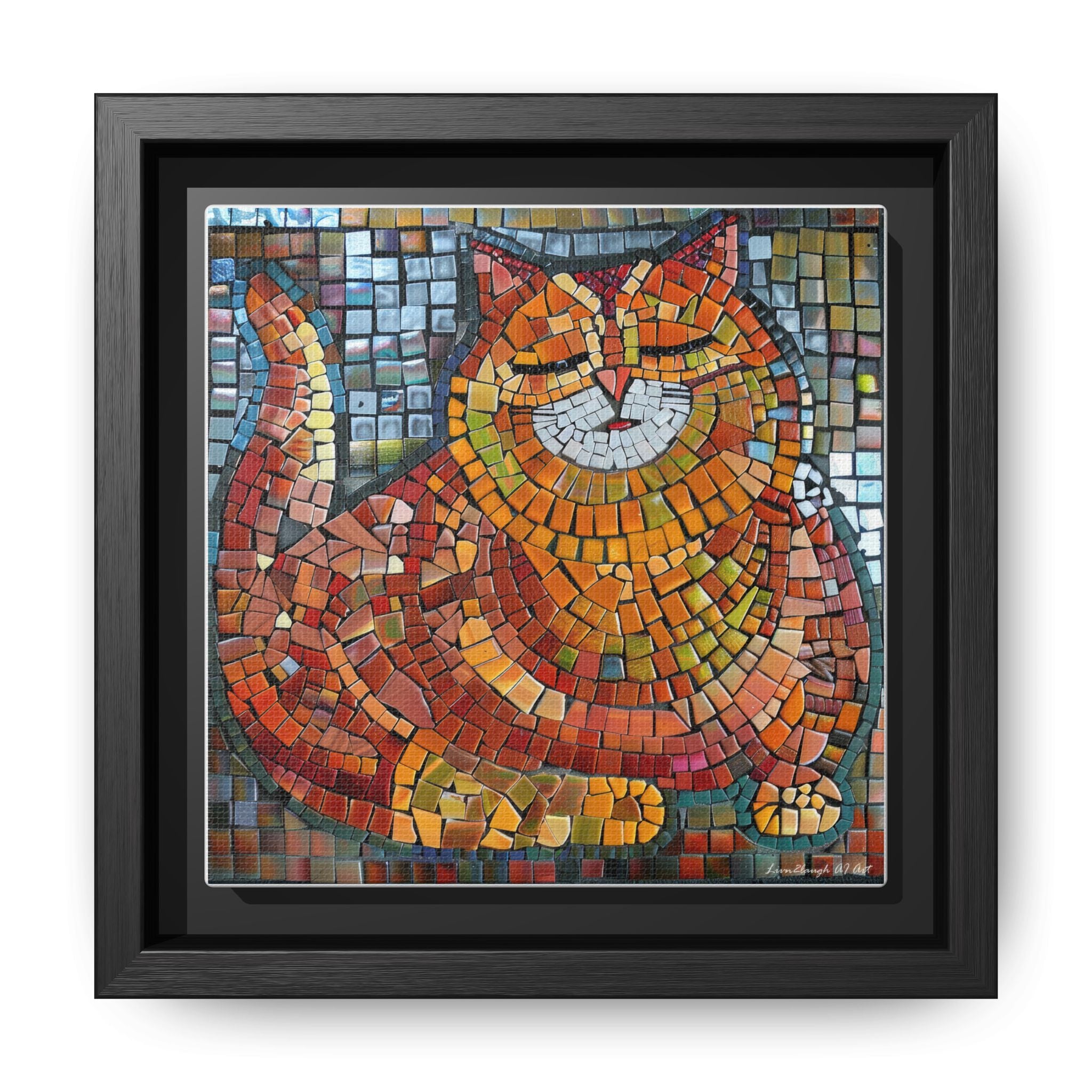 Radiant Whiskers: The Joyful Cat, Framed Mosaic Cat Art Print — Colorful Modern Wall Canvas