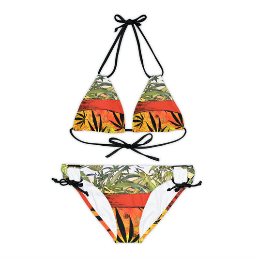 Beautiful Redish Orange Banded Marijuana 420 Pot Weed Leaf Strappy Bikini Set (AOP)