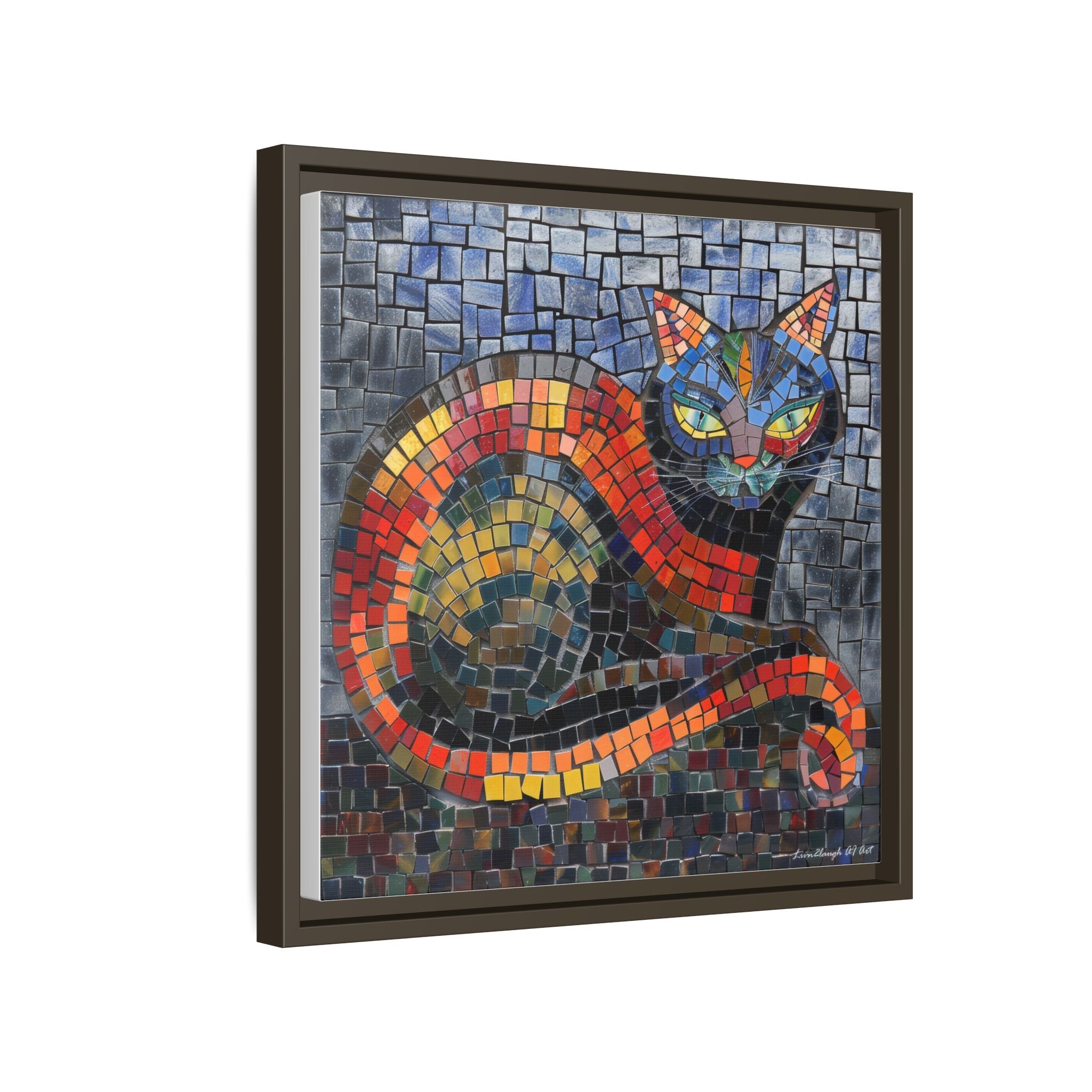 Mystic Shadows: The Enigmatic Cat, Framed Mosaic Cat Art Print — Colorful Modern Wall Canvas