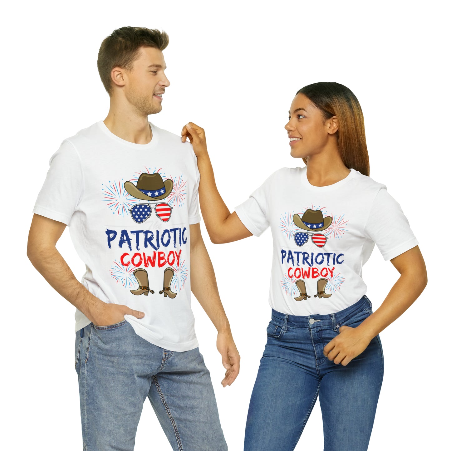 Patriotic Cowboy, American Flag 'Glasses, Cowboy Hat and Boots, Fourth of July 4th Unisex Jersey Short Sleeve Tee