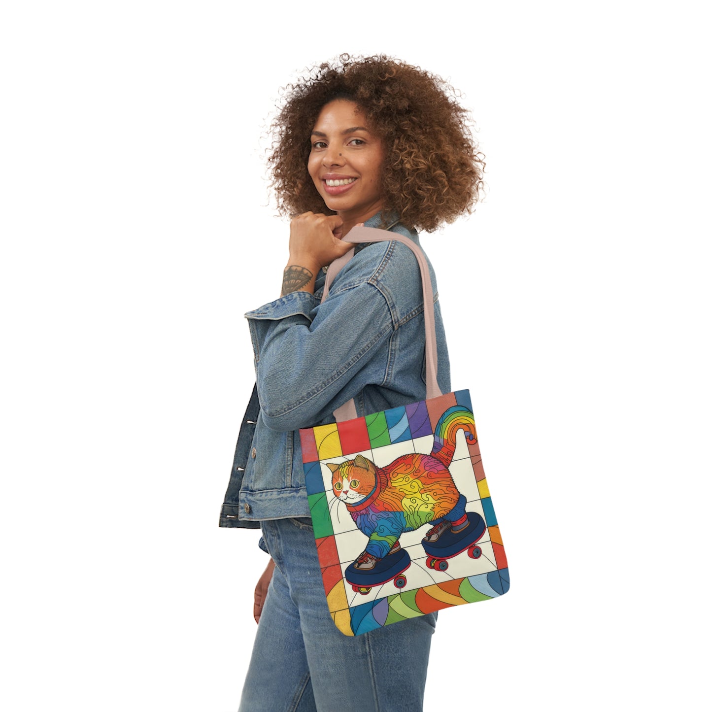 Gorgeous Rainbow Cat Riding A Skate/Skateboard With Rainbow Border Polyester Canvas Tote Bag (AOP)