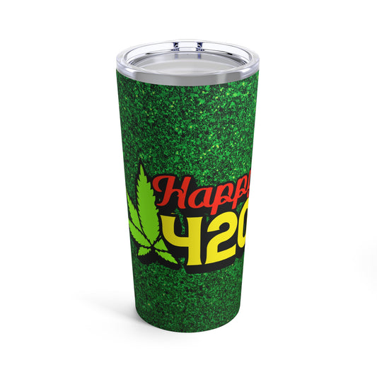 Happy Marijuana 420 In Yellow With Green Pot Leaf, Green Background By Fly Designs Tumbler 20oz
