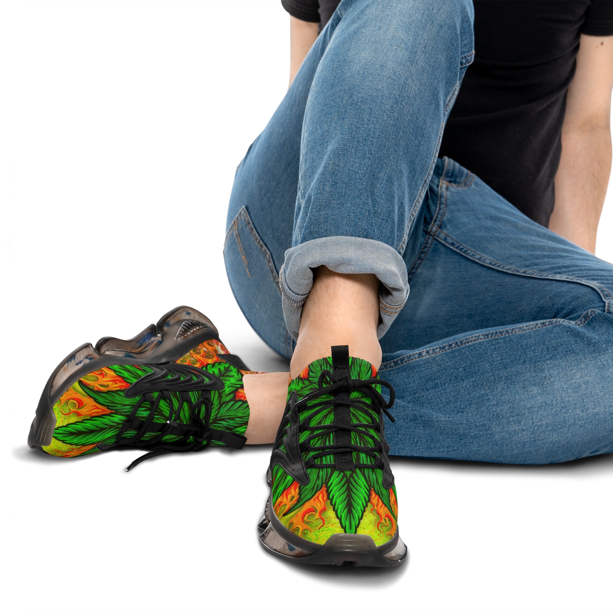 Beautifully Designed Orange, Yellow And Green Marijuana Leave Men's Mesh Sneakers