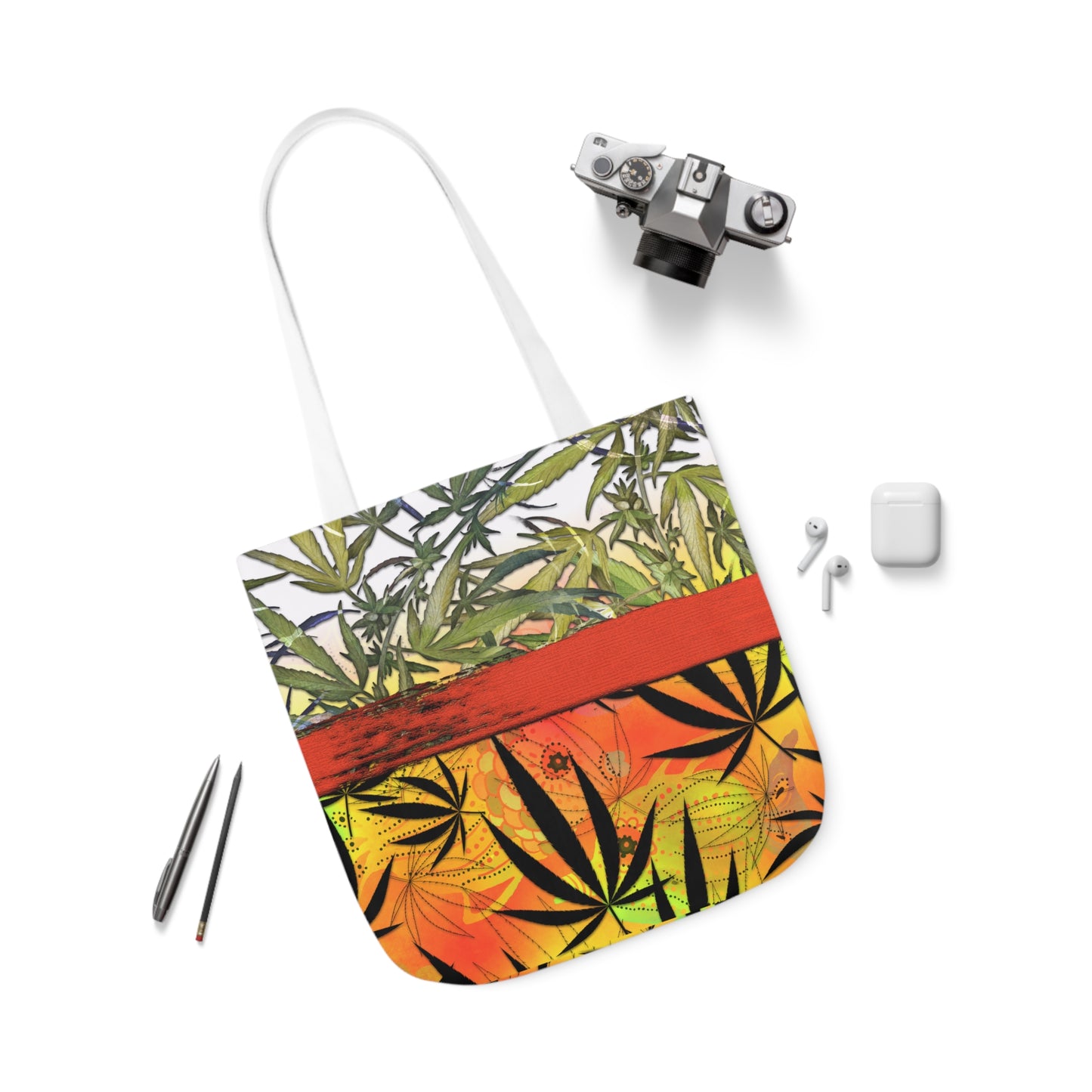 Beautiful Redish Orange Banded Marijuana 420 Pot Weed Leaf Polyester Canvas Tote Bag (AOP)