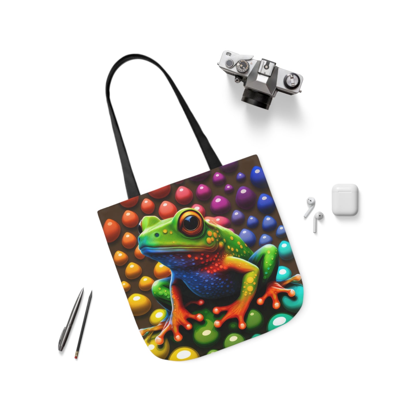 Sassy Rainbow Round Skittle Like Background With Beautiful Frog Polyester Canvas Tote Bag (AOP)