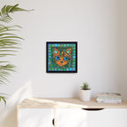 "Emerald Eyes Mosaic Cat", Framed Mosaic Cat Art Print — Colorful Modern Wall Canvas