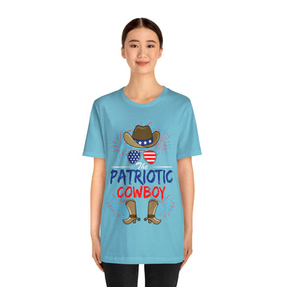 Patriotic Cowboy, American Flag 'Glasses, Cowboy Hat and Boots, Fourth of July 4th Unisex Jersey Short Sleeve Tee