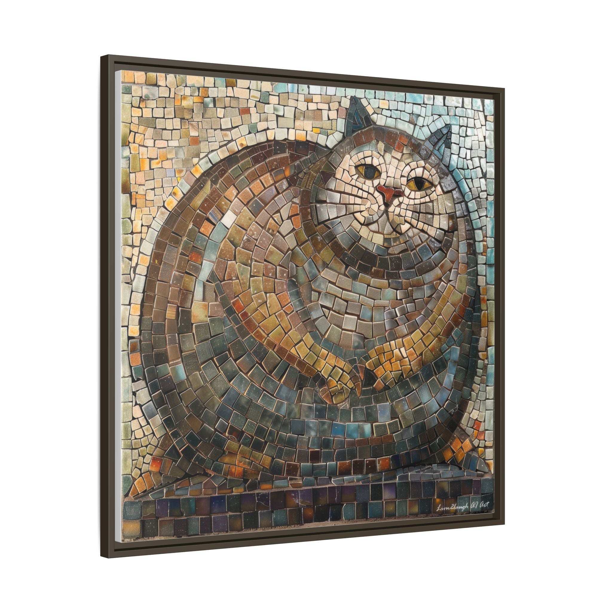 "Serene Mosaic Cat", Framed Mosaic Cat Art Print — Colorful Modern Wall Canvas
